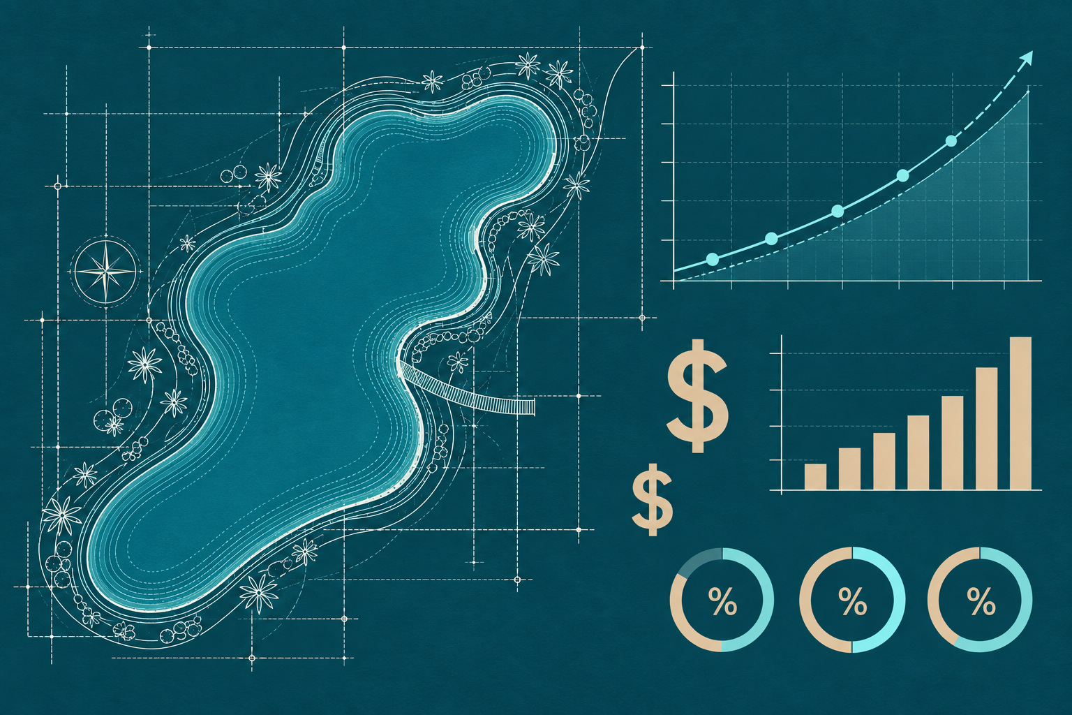 Artificial lagoon with financial cost charts and planning graphics