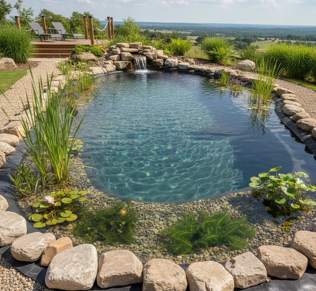 Natural Eco Lagoon with clear water, aquatic plants, stone edges, and a small waterfall