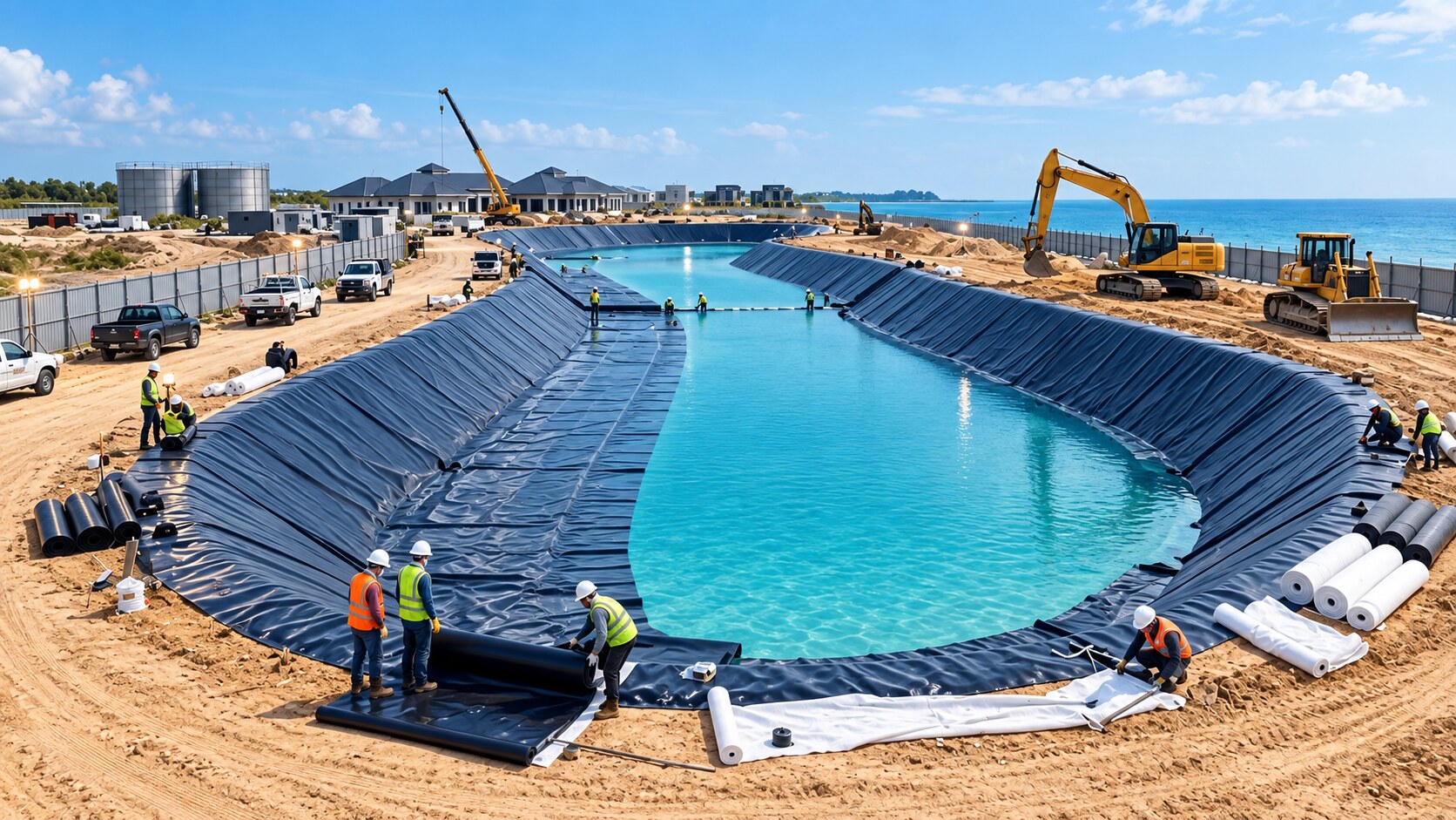 Artificial recreational lagoon under construction in clear daylight