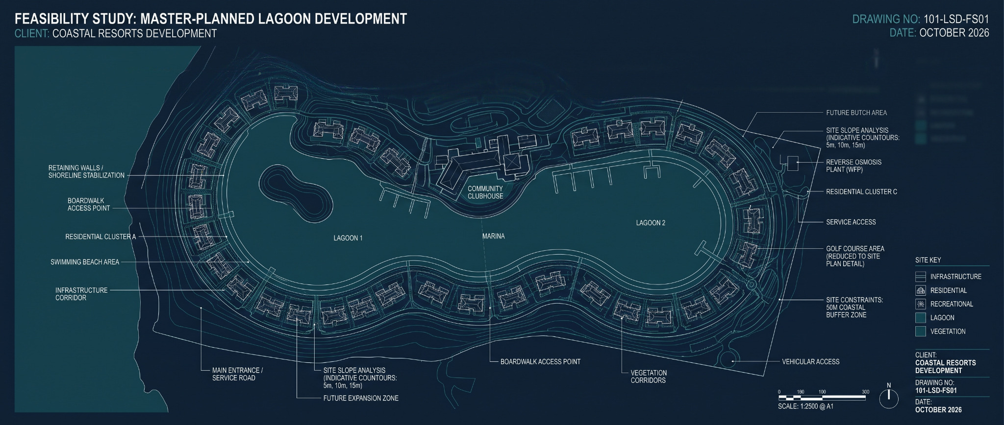 Original technical master plan showing lagoon integration, circulation, residential areas, infrastructure, and site constraints