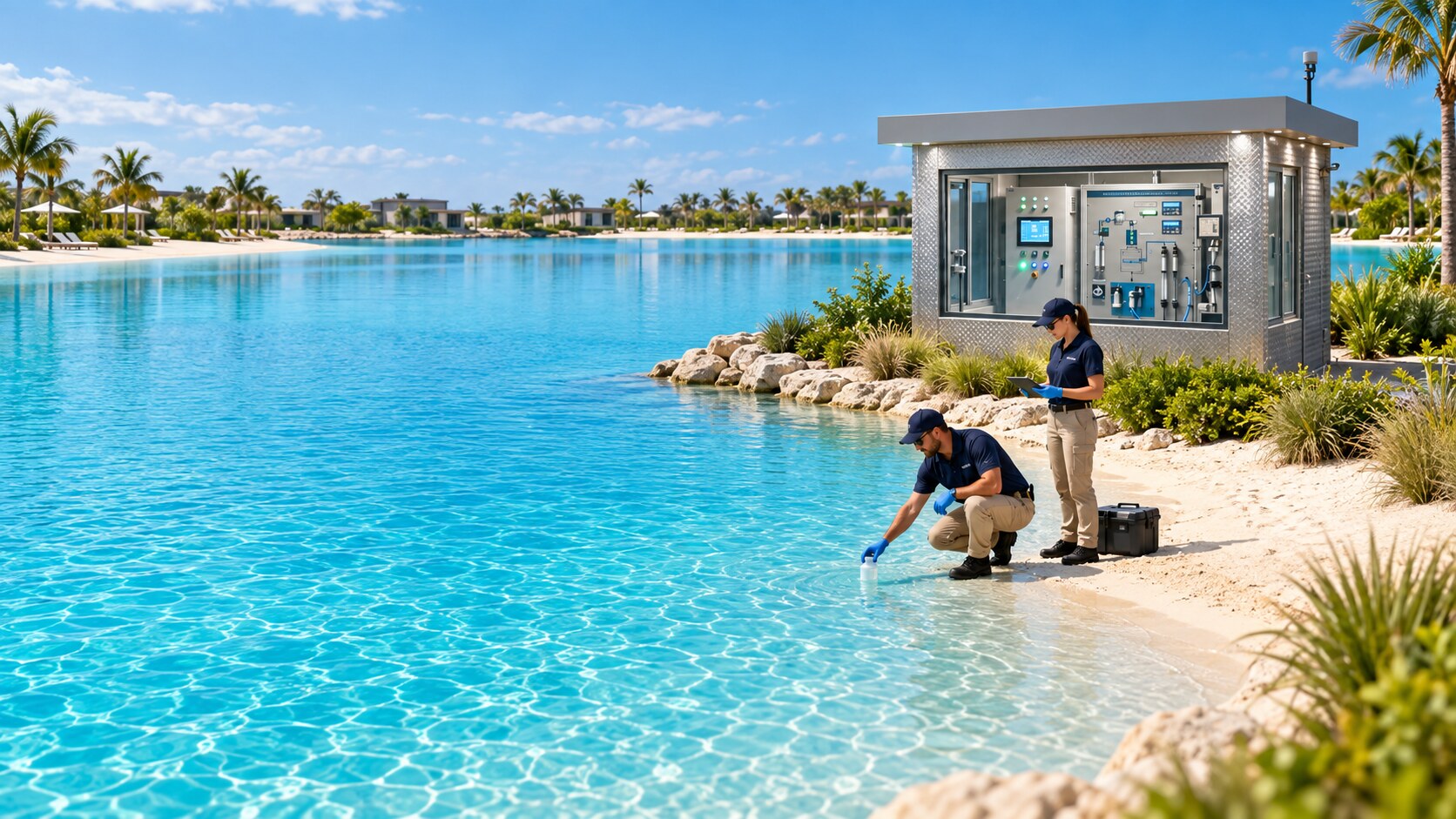 Professional water-quality monitoring at an operating crystalline lagoon