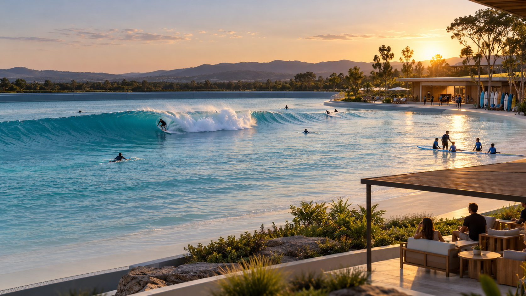 Active surf lagoon with coaching, hospitality terrace and board rental