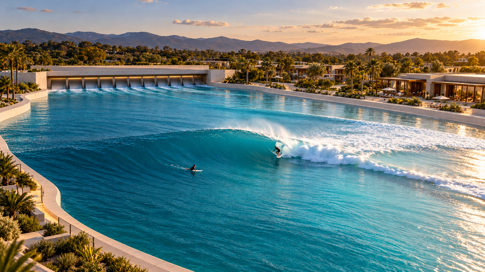 Enclosed purpose-built wave lagoon with integrated wave-generation structure