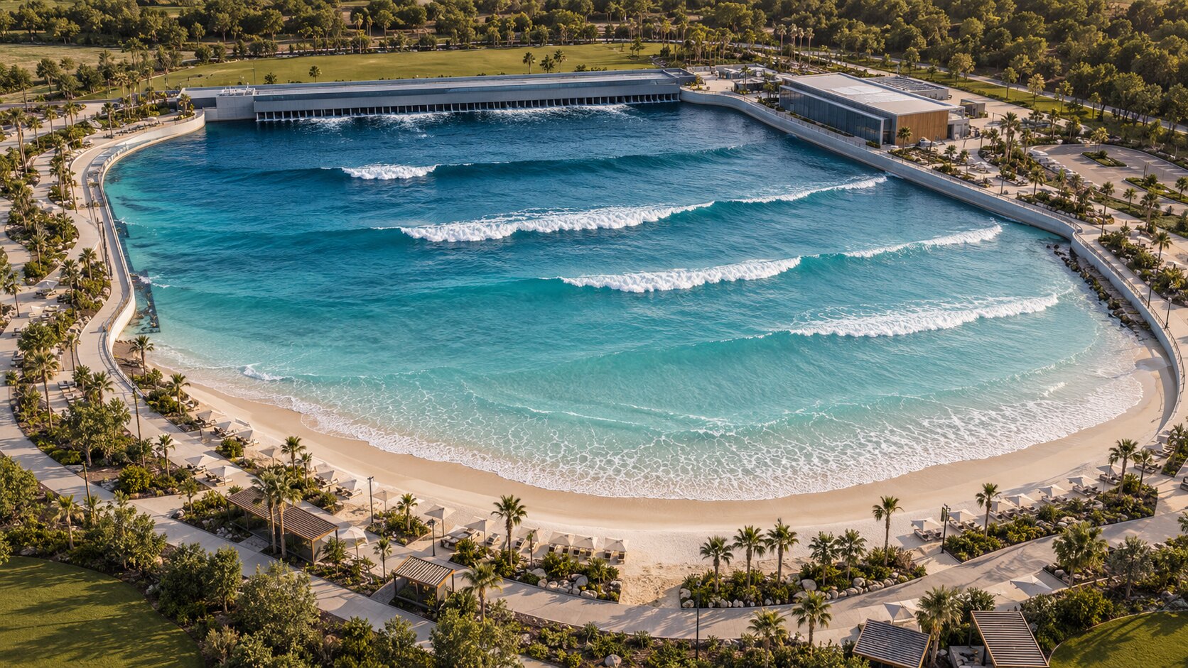 Complete purpose-built wave lagoon with integrated wave-generation structure