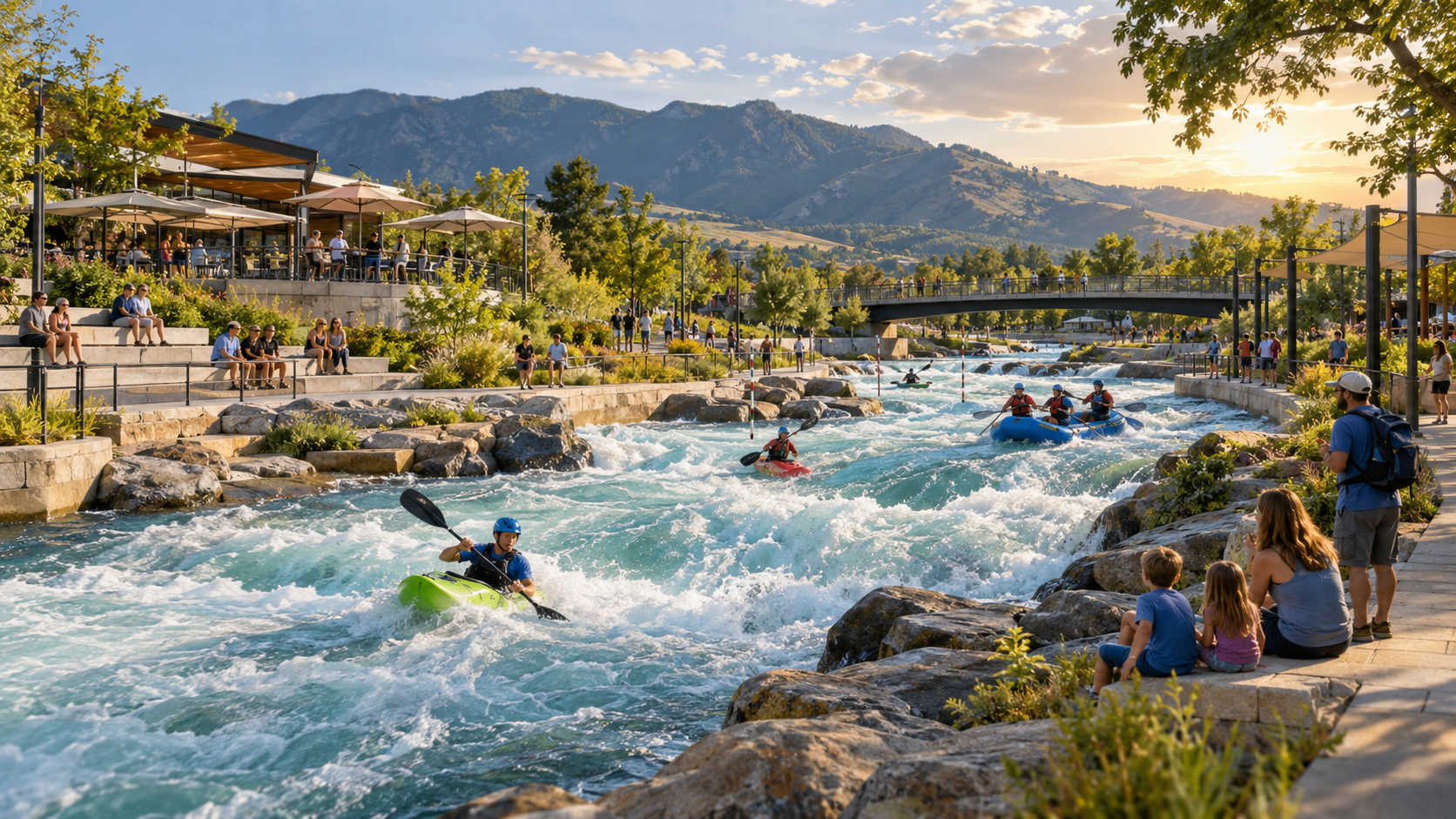 Whitewater park activated by kayakers, rafters, spectators, walking paths, and hospitality terraces