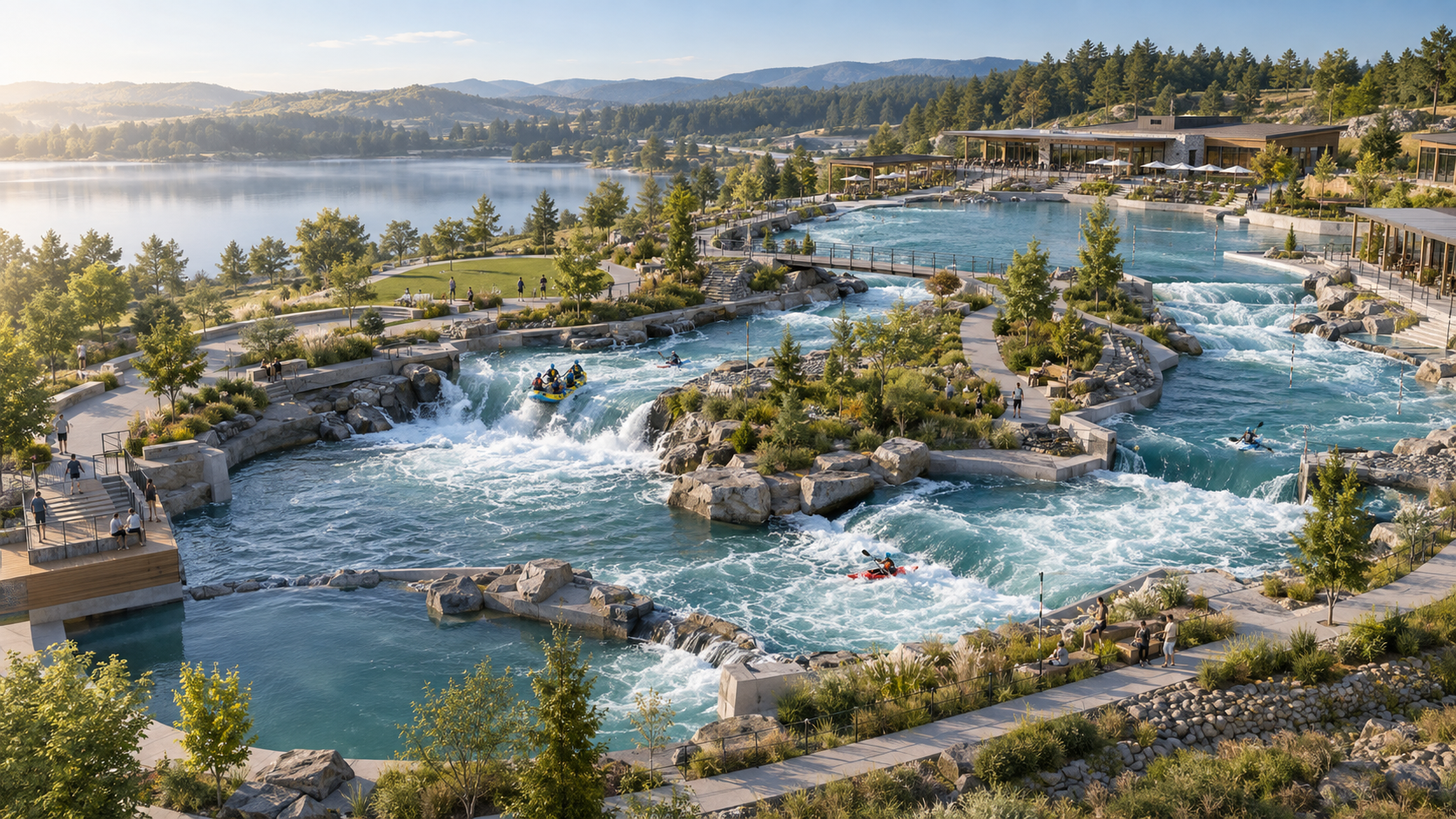 Modern whitewater park with rapids, paddlers, landscaped paths, and hospitality spaces