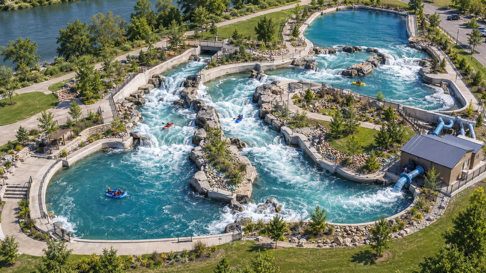 Aerial view of a recirculating whitewater course with start pool, rapids, recovery basin, and pump building
