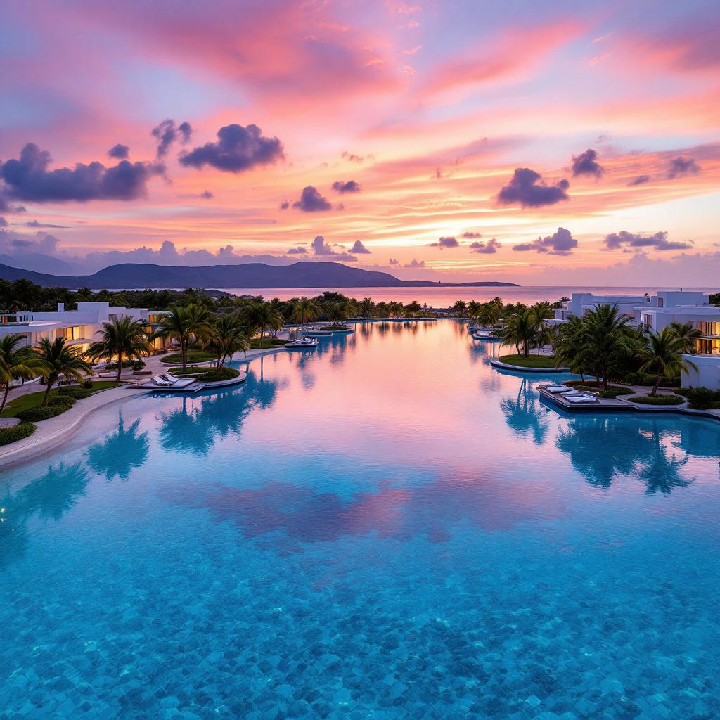 Artificial lagoon surrounded by a waterfront residential destination at sunset